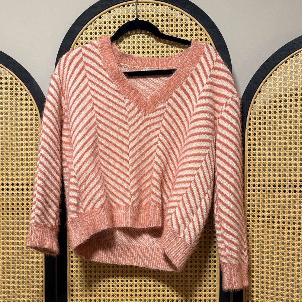 FRNCH Striped V-Neck Sweater in Coral and Cream
